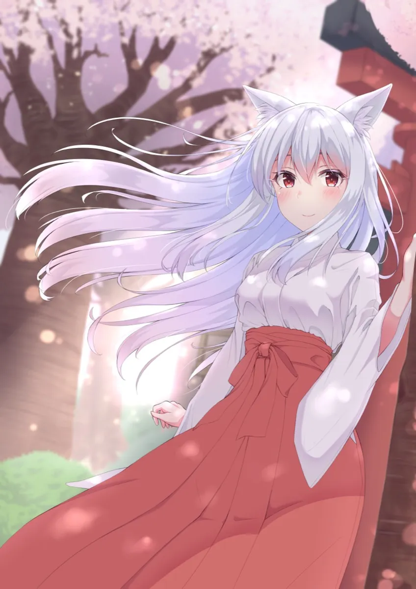 学生が描いたイラスト(巫女姿のきつね耳の少女)